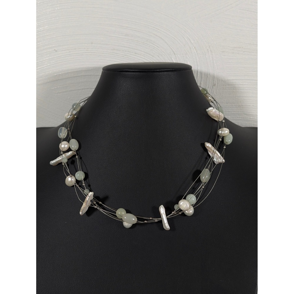 Artisan White Baroque Pearl Green Glass Bead Multi Wire‎ Station Necklace 20"